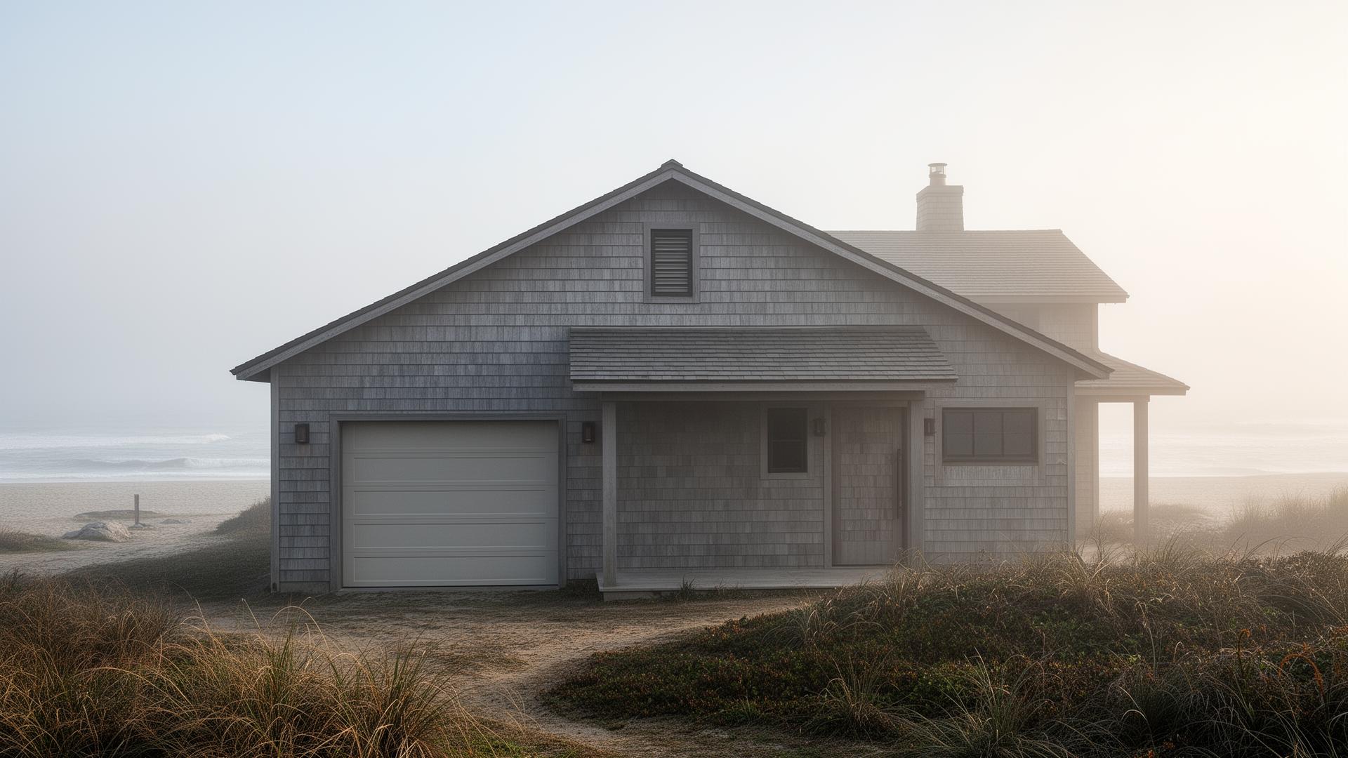 Premium ranch style horizontal panel garage door on coastal home in misty morning